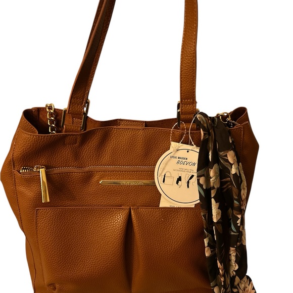 Chic Tan Leather Tote Bag with Scarf - Picture 1 of 7